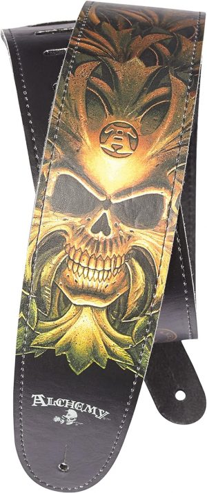 ALCHEMY LEATHER GUITAR STRAP - Green Skull
